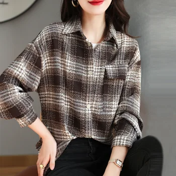 Корейская версия клетчатой рубашки, жакета 2023, Весна-осень, Новая Свободная Утолщенная клетчатая рубашка для женщин среднего возраста, Блузка с длинным рукавом T16
