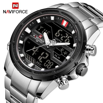 Мужские часы NAVIFORCE люксового бренда с цифровым хронографом, спортивные кварцевые наручные часы, водонепроницаемые Военные часы со стальным ремешком, светящиеся часы