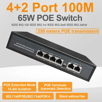 100 Мбит/с 65 Вт POE Сетевой Коммутатор Ethernet Неуправляемый Концентратор 4 POE + 2 Порта RJ45 802.3 Af At для IP-камеры CCTV Wireless AP