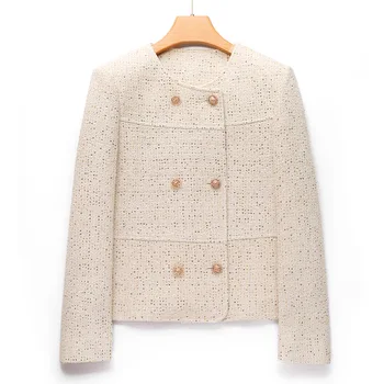 Женское шерстяное твидовое пальто с винтажными блестками, яркое элегантное весенне-осенне-зимнее простое базовое пальто с маленькой металлической пряжкой