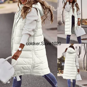 Зимняя теплая куртка-жилет для женщин 2022, Однотонное пальто средней длины без рукавов с капюшоном, Модные повседневные зимние куртки