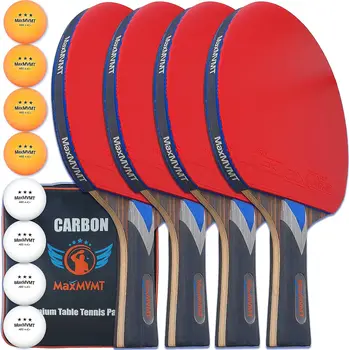Набор ракеток для понга из 4-х 7-слойных ракеток из углеродного волокна - 2 браслета - 8 мячей - 1 Резиновая губка для чистки - Премиум-класс, одобренный ITTF.