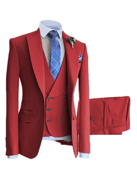 SOLOVEDRESS Мужской деловой костюм из 3 предметов, красный Двубортный для встреч, свадеб, официальных мероприятий, Индивидуальный размер