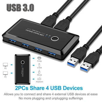 Переключатель KVM USB 3.0 2.0 2 ШТ с общим доступом к 4 устройствам для клавиатуры, мыши, принтера, монитора, концентратора, USB-переключателя, селектора с удлинителем