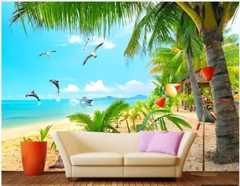 пользовательские настенные обои 3d пляж кокосовая пальма голубое небо белое облако морской пейзаж домашний декор фотообои в гостиной