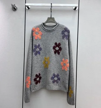 2023, Новый Повседневный женский Свободный цветочный Узор в ленивом стиле для теплых осенних вязаных свитеров с перфорацией