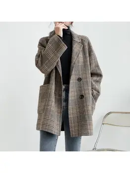 Простые Короткие шерстяные куртки в клетку в корейском стиле, Осень-зима 2023, Двубортное Женское пальто из 100% шерсти ручной работы с Лацканами,