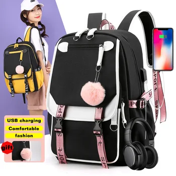 Большие школьные сумки для девочек-подростков, USB-порт, холщовый школьный рюкзак, студенческая сумка для книг, черный Розовый школьный рюкзак для подростков