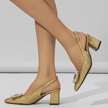 Scarpe di lusso da donna estate fibbia con una sola parola banchetto con tacco spesso tacchi alti Plus Size scarpe da donna