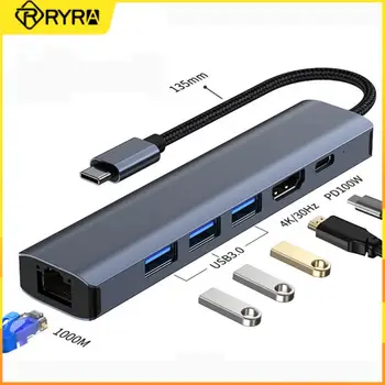 RYRA 6 В 1 USB-C Многофункциональный концентратор Gigabit Ethernet Rj45 USB 3.0 HDMI-совместимый Адаптер 4K 100W PD Hub для планшетов и телефонов