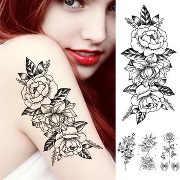 Черная татуировка с переносом воды, наклейки на женское тело, на грудь, временная татуировка, браслет на талию, флэш-татуировки, цветок