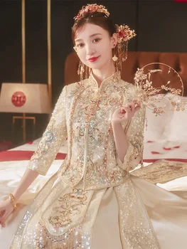 Блестящее Изысканное Свадебное платье с блестками цвета Шампанского в китайском стиле, Винтажное Элегантное Платье Ципао с вышивкой Феникса, Вышитое Кисточкой