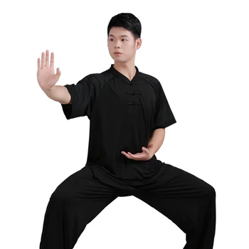 Летние Дышащие рубашки для кунг-фу с коротким рукавом, Тренировочные Винтажные спортивные топы, форма для единоборств Тайчи, мужская Верхняя рубашка