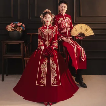Элегантная Невеста Жених Винтажный Блестящий Изысканный Костюм Ципао Тан Традиционная китайская Пара Красный свадебный Чонсам