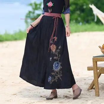 2023 китайская ретро атласная жаккардовая юбка с национальной цветочной вышивкой, этническая юбка харадзюку, восточная юбка трапециевидной формы с эластичной талией на талии