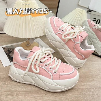 Женская обувь 2023, модная розовая спортивная обувь, нескользящая повседневная спортивная обувь, Женская обувь на плоской подошве со шнуровкой, Женская вулканизированная обувь