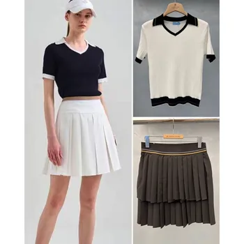 Женский вязаный топ с высокой эластичностью для гольфа в паре с короткой юбкой, футболка с короткими рукавами + юбка в складку, модный комплект спортивной одежды