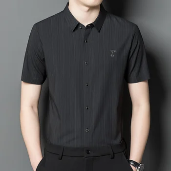 2023 Летняя тонкая мужская рубашка с коротким рукавом, Классическая эластичная деловая офисная Повседневная Брендовая одежда в полоску, цвет Черный, синий