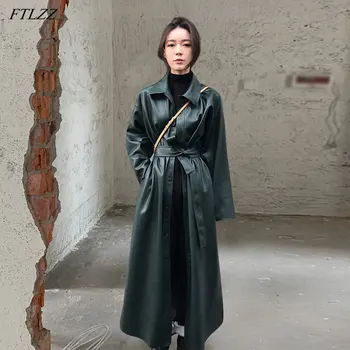 FTLZZ, новинка весны, женская длинная куртка из искусственной кожи, ветровка из искусственной кожи, тренч, отложной воротник, куртка на пуговицах с поясом
