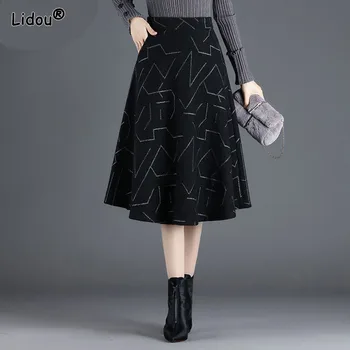 Винтажная юбка трапециевидной формы в стиле ампир с геометрическим принтом, сохраняющая тепло, Шерстяная одежда премиум-класса, осень-зима, Простая женская одежда 2022 года, новинка