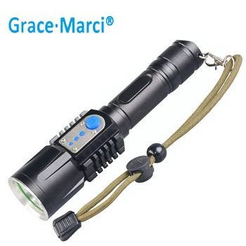 Мощный фонарик GM, дальнобойный тактический USB-фонарик с блоком питания, Металлический Алюминиевый Водонепроницаемый фонарь для кемпинга, Масштабируемый фонарик