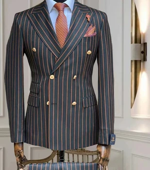 Комплект мужских костюмов в британском стиле, Полосатый двубортный пиджак с брюками, Классический деловой блейзер для официальных вечеринок, 2 предмета
