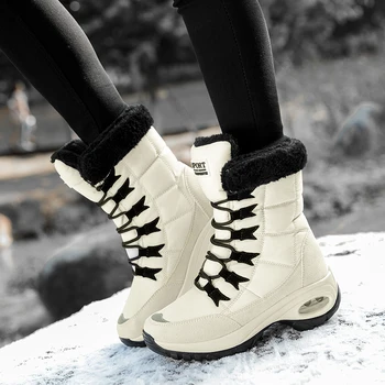 Женские ботинки, зимние теплые ботинки, зимние ботинки до середины икры, Удобные водонепроницаемые ботинки на шнуровке, Женские