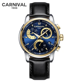 Мужские часы CARNIVAL, Роскошный лидирующий бренд, Водонепроницаемые Сапфировые автоматические механические наручные часы, Модные Кожаные Мужские часы с Календарем