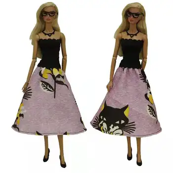 Модное Черно-Розовое платье для куклы с рисунком кота из мультфильма и цветочным рисунком для Барби, Наряды, Платье Принцессы с открытыми плечами, Аксессуары для кукол 1/6 BJD