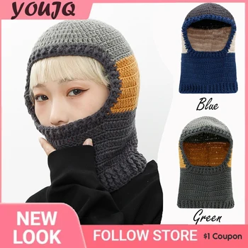 Лыжная маска Y2K, вязаный чехол для лица, зимняя балаклава, женская зимняя шапка, нагрудник, теплые вязаные корейские шерстяные Горры двойного назначения