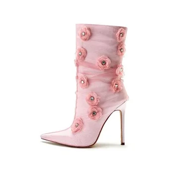 Розовые сетчатые сапоги до середины икры на высоком каблуке с цветочным рисунком и острым носком, без застежки на тонком каблуке с цветочным рисунком, Модная обувь для подиума, Прямая доставка