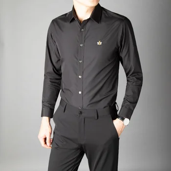 Новая Рубашка с длинным рукавом, мужская рубашка с вышивкой, однотонная, приталенная, повседневная, 80 нитей, хлопок высокой плотности