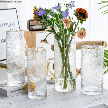 Nordic Light Роскошная Ваза из Гофрированного стекла, Прозрачные позолоченные Цветы для разведения Воды, Аксессуары для гостиной, Украшение дома