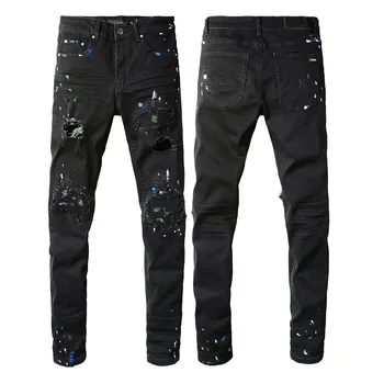 Модные дизайнерские мужские джинсы AM, стрейчевые, приталенные, с заплатками, рваные джинсовые брюки, Корейский стиль, Уличные Винтажные повседневные джинсы