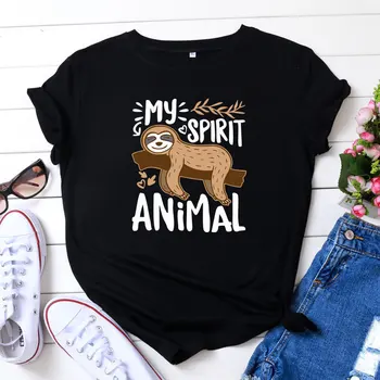Женская футболка с принтом MY SPIRIT ANIMAL Ленивец, Короткий рукав, O-Образный Вырез, Свободная Женская футболка, Женская футболка, Топы, Camisetas Mujer