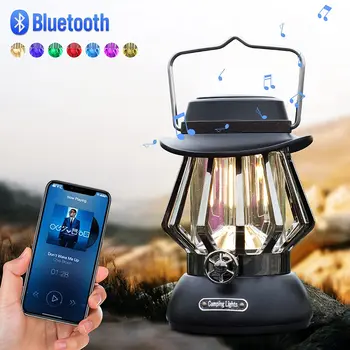 Портативная уличная светодиодная лампа для кемпинга в стиле ретро Lanter, винтажные огни для палатки, Bluetooth динамик, RGB, 7 цветов, водонепроницаемый перезаряжаемый
