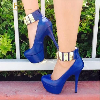 Синие туфли на платформе с круглым носком, украшенные металлическим ремешком на щиколотке, Женские Туфли большого размера 15 16