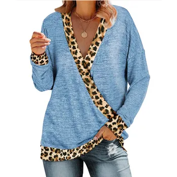 Весна-осень, леопардовая футболка в стиле пэчворк с длинным рукавом и V-образным вырезом, Женский новый повседневный Свободный модный элегантный пуловер, уличная одежда
