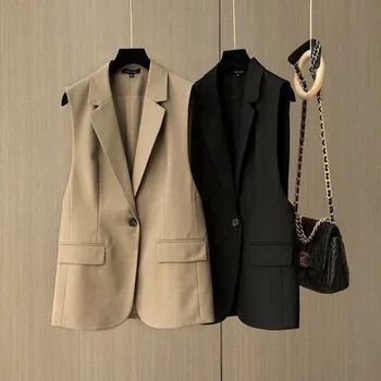 Модный Простой Темпераментный стильный Блейзер без рукавов 2023, Новый Корейский черный костюм, жилет для женщин, Демисезонная верхняя одежда Z843