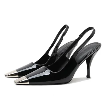 Новые женские тонкие туфли из микрофибры черного цвета на высоком каблуке с квадратным носком
