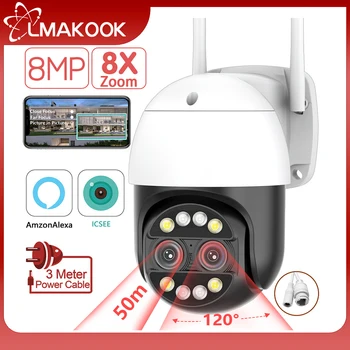 LMAKOOK 4K 8MP, двухобъективная WIFI камера наблюдения, AI, Отслеживание человека, 8-кратный Зум, Наружная водонепроницаемая PTZ IP-камера CCTV iCSee Alexa