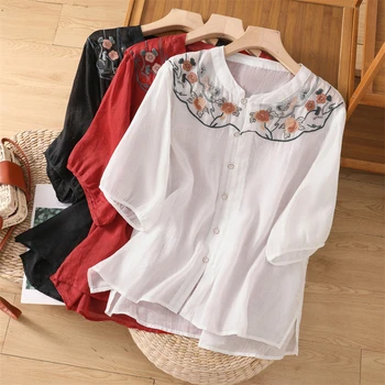 Летняя Винтажная женская рубашка с цветочной вышивкой, белая, Красная, черная, хлопковая льняная рубашка с коротким рукавом, женская одежда, повседневные топы, рубашки