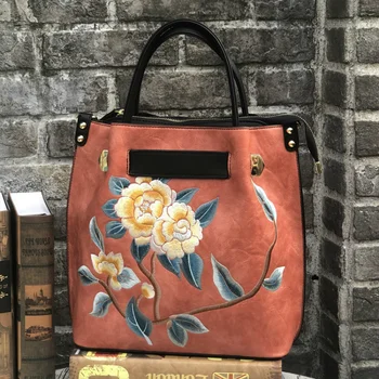 Новая женская сумка с ручной вышивкой, высококачественная кожаная сумка-ведро в стиле Ретро, сумки с верхней ручкой Большой вместимости