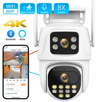 8-Мегапиксельная камера icsee WiFi с двойным экраном 4K с двойным объективом, Цветное ночное видение, Ai, автоматическое отслеживание Облака, Наружная беспроводная камера безопасности