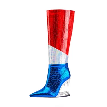 Европейский и американский бренд, Дизайнерская обувь для подиума для банкетов, 2023, Женские модные сапоги до колена на каблуке с зубами тигра, соответствующие цвету
