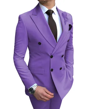 Новый фиолетовый Мужской костюм, 2 предмета, двубортный, с вырезами на лацканах, Приталенный, Повседневные Смокинги для Свадьбы (блейзер + брюки)