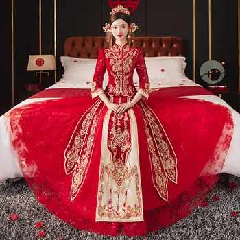 Китайская пара, винтажный воротник-стойка, одежда для тостов Чонсам, костюм с вышивкой Дракона и Феникса, Свадебное платье