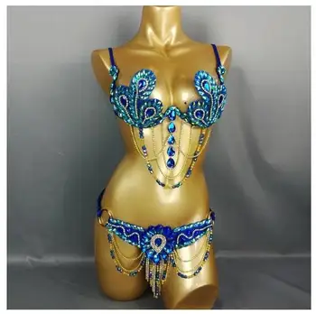 Бесплатная доставка Фестивальная Одежда Samba Carnival Бюстгальтер Пояс Rainbow Stone Танцевальный Костюм C013-RYOAL BLUE