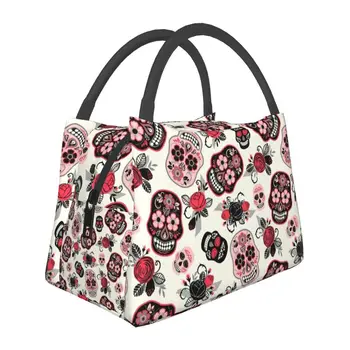 Calavera Skulls, День мертвых, Изолированная сумка для ланча для женщин, Мексиканский цветочный термохолодильник, Ланч-бокс, Пляжный Кемпинг, Путешествия