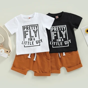 Комплекты Летней одежды для маленьких мальчиков, дышащая футболка с коротким рукавом и буквенным принтом + однотонные шорты на завязках